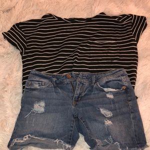 Jean shorts and a striped shirt
